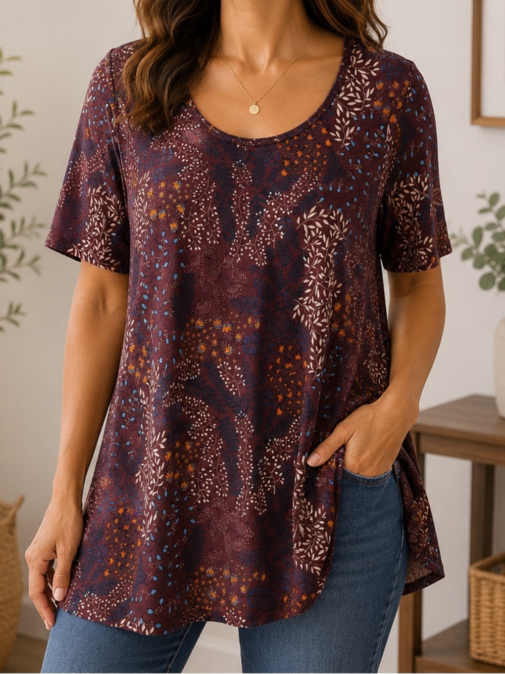 LuLaRoe Burgundy Floral Scoop Neck Short Sleeve Tee MEDIUM